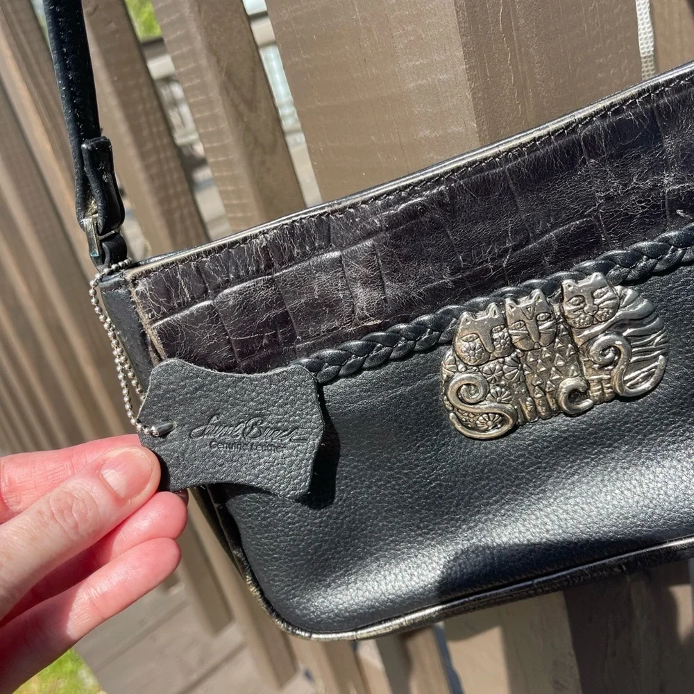 Laurel Burch Black Leather Messenger Bag with Cat Emblem